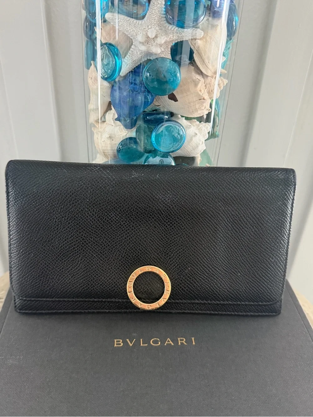 Authentic Bulgari Black Leather Wallet with Gold Clasp and Hot Pink Interior